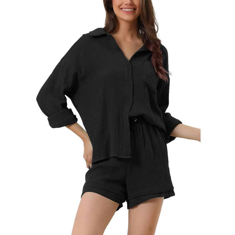cheibear Women's Button Down Long Sleeve Sleepwear Shirt with Shorts Casual Lounge Sets, 1 of 6
