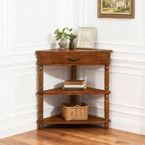 Hostack 33.8'' Small Triangle Corner Table with 3 Tiers, Solid Wood Legs for Small Spaces and Living Room, Brown - 1 of 4