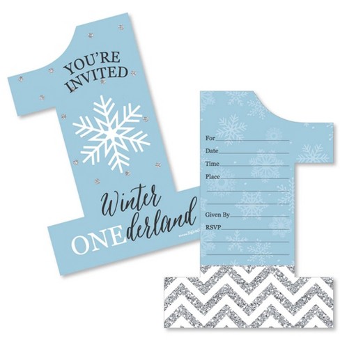 Big Dot of Happiness Blue Snowflakes 1st Birthday - Shaped Fill-in Invitations - Boy Winter Onederland Party Invitation Cards with Envelopes Set of 12