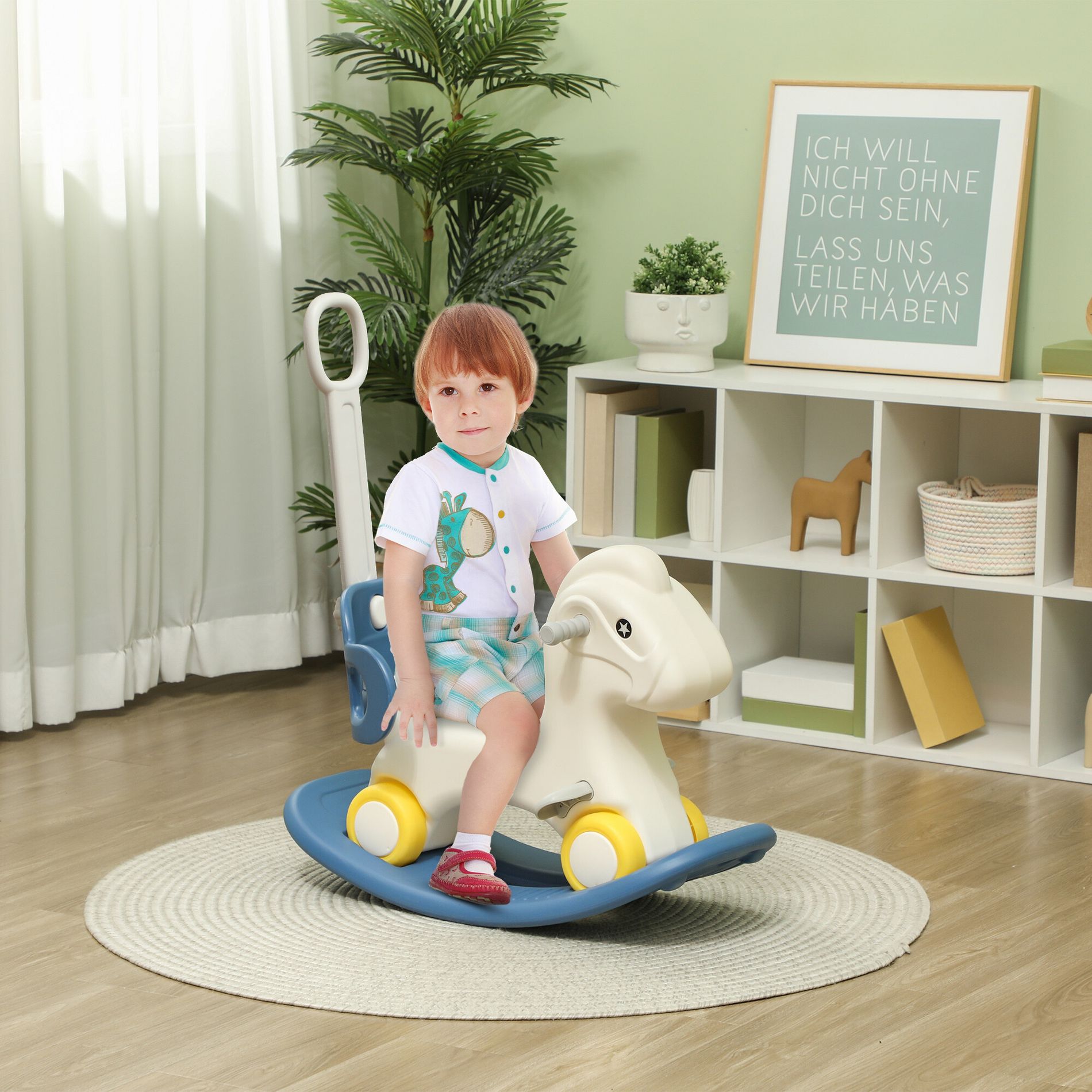 INFURNIC Baby Walkers 4 in 1 Rocking Horse for Toddles 2-5 Years, Detachable Push Handle Balance Board, Kids Riding Horse, Blue, 29.50"*13.00"*31.90"