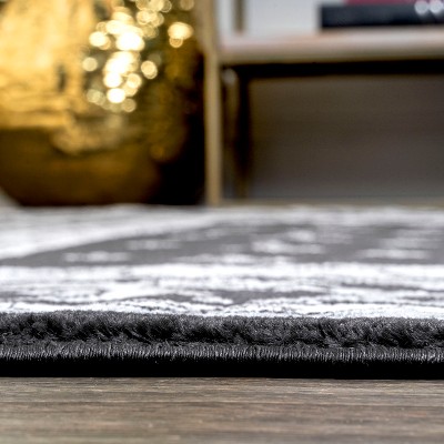 Black and Gray Synthetic Round French Border Area Rug