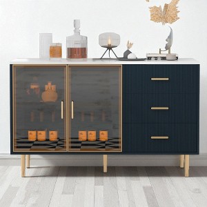 Buffet Sideboard with Faux Marble Top, Amber Tempered Glass Doors, Adjustable Shelves and Drawers, MDF Cabinet for Dining Room, Kitchen - 1 of 4