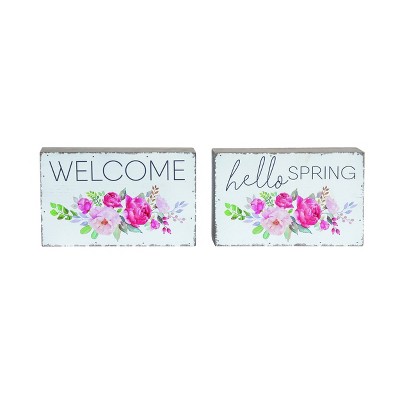 Transpac MDF Floral Spring Block Decor Set of 2 Freestanding Tabletop Signs Multicolored Indoor Decoration