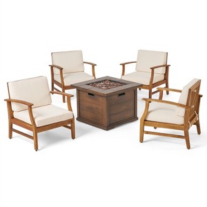 Christopher Knight Home Havana Outdoor Acacia Wood 5 Piece Club Chair and Fire Pit Set with Cushions - 1 of 4