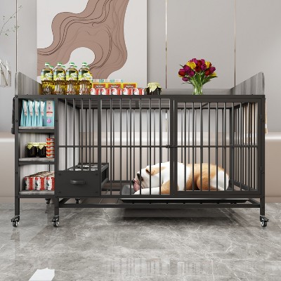 Large Pet Cage with Storage Rack & Drawers, Iron Frame Kennel with Stainless Steel Food & Water Bowls, Black + Smoke Gray - Nertpow