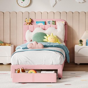 Twin Bed Frame for Kids - Storage Headboard & Drawer Underneath, Noise Free, Upholstered Platform Bed with Wooden Slats Support - 1 of 4