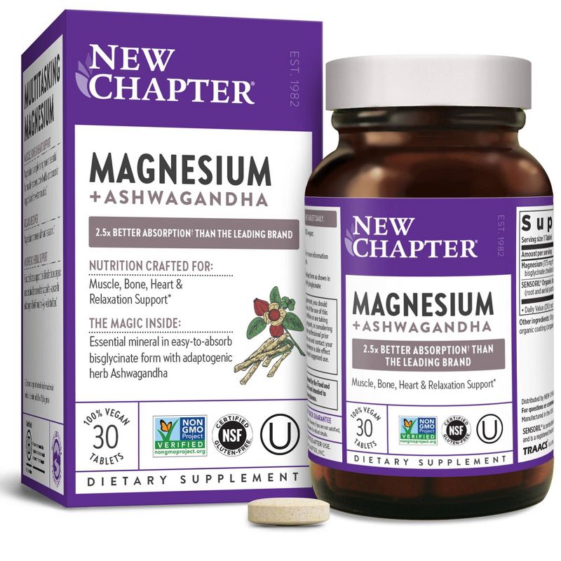 New Chapter Magnesium + Ashwagandha for Muscle &#38; Relaxation Support, 325 mg with Magnesium Glycinate, Non-GMO Vegan Tablets - 30 ct, 3 of 15