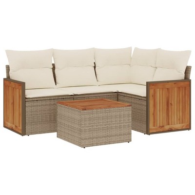 vidaXL 5 Piece Patio Sofa Set with Cushions Beige and Cream Poly Rattan - With Table