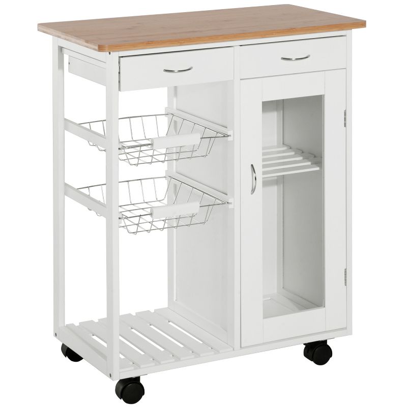 HOMCOM 28" Rolling Kitchen Trolley Serving Cart Storage Cabinet Bamboo Top with Wire Basket & Door Cabinet & Drawers, White, 1 of 9