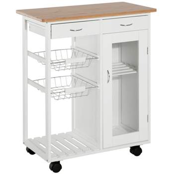 HOMCOM 28" Rolling Kitchen Trolley Serving Cart Storage Cabinet Bamboo Top with Wire Basket & Door Cabinet & Drawers, White