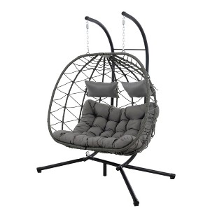 2-Person Wicker Hanging Swing Egg Chair with Stand and Cushions for Indoor/Outdoor - 1 of 4