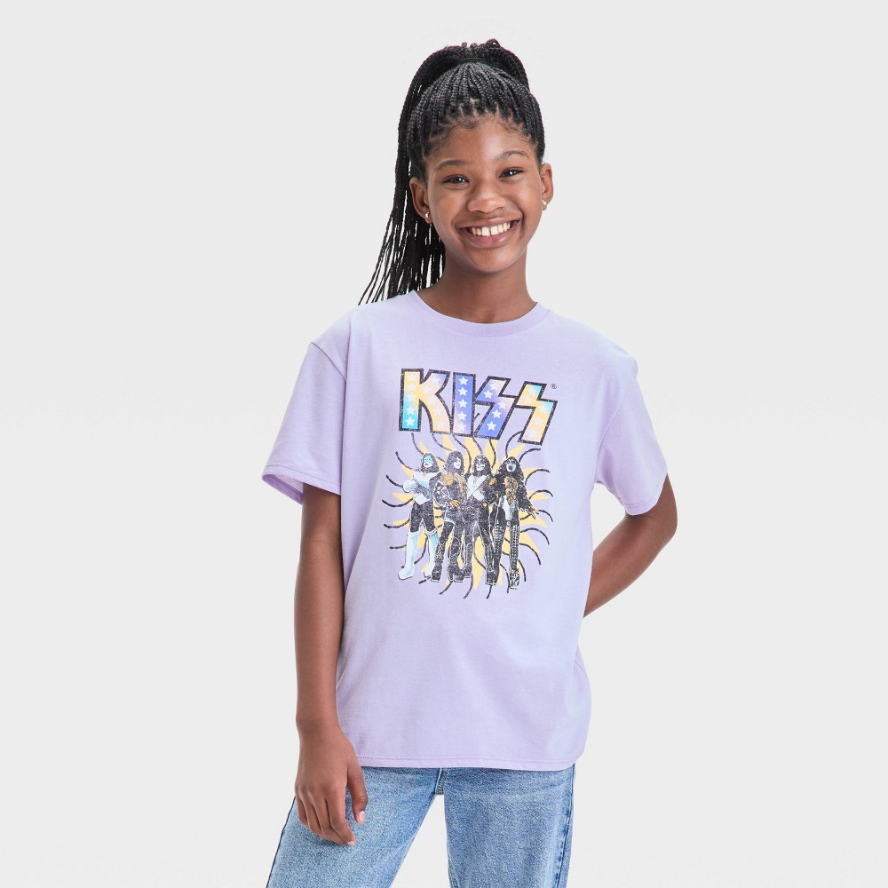 Girls' Kiss Oversized Graphic T-Shirt - Lilac Purple L: Cotton-Polyester, Crew Neck, Short Sleeve, Below Hip