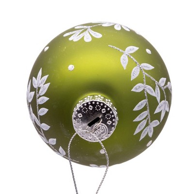 Sage Green Glass Ball Ornaments with White Leaf Design, Set of 6