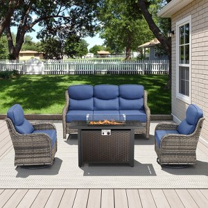 Belord Patio Furniture Set with Firepit, 6-INCH Extra Thick Cushion 4 Pieces Outdoor Patio Furniture Set with Swivel Chairs, Couch, and Firepit Table - 1 of 4