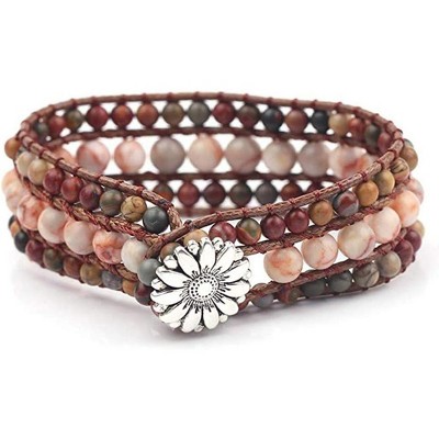 Boho Handmade Natural Stone Bead Bracelet, 3-Row Wide Wrap Wrist Statement Jewelry for Women