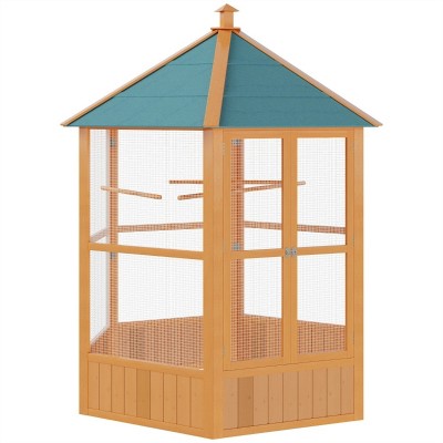 phiestina Bird Cage, Multi-Use Solid Roof Hexagonal Aviary, Natural Brown and Green, for Outdoor Use