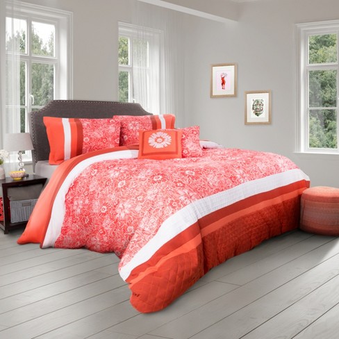 5pc Whimsical Floral Design Comforter Set Red Yorkshire Home