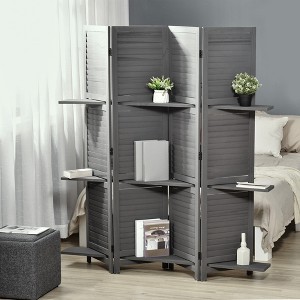 MAYEERTY 4 Panel Folding Room Divider Freestanding Paulownia Wood Privacy Screen Panel with Storage Shelves for Bedroom Office Gray - 1 of 4