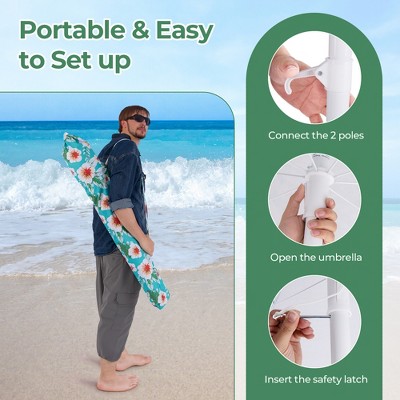 Green Floral Polyester Beach Umbrella with Fringe and Tilt Mechanism