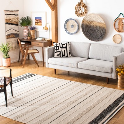 Ivory and Black 9' x 12' Wool Cotton Striped Kilim Rug