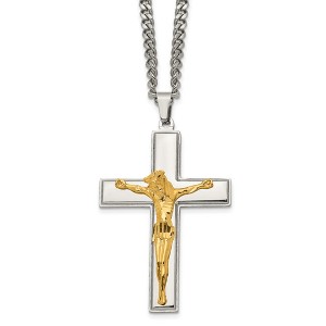 Black Bow Jewelry Stainless Steel & Gold Tone Plated Large Crucifix Necklace, 24 Inch - 1 of 4