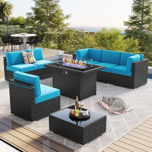 LayinSun 8 Piece Patio Furniture Set with 44" Propane Gas Fire Pit Table, Outdoor Sectional Conversation Set Wicker Rattan Sofa Set - 1 of 4