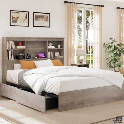 Jojoka Full/Queen Size Bed Frame with Bookcase Headboard, 4 Storage Drawers, Charging Station, Metal Support, No Box Spring Needed, Noise-Free