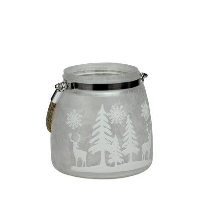 Northlight 5.5" Iced Winter Scene Christmas Pillar Candle Holder Lantern with Handle - Silver/White