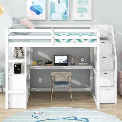 Twin Size Loft Bed with Built-in Desk, Storage Shelves and Drawers, White - ModernLuxe