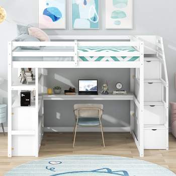 Full Size Loft Bed with Desk, Shelves, Two Built-in Drawers, and Stairs for Storage - ModernLuxe