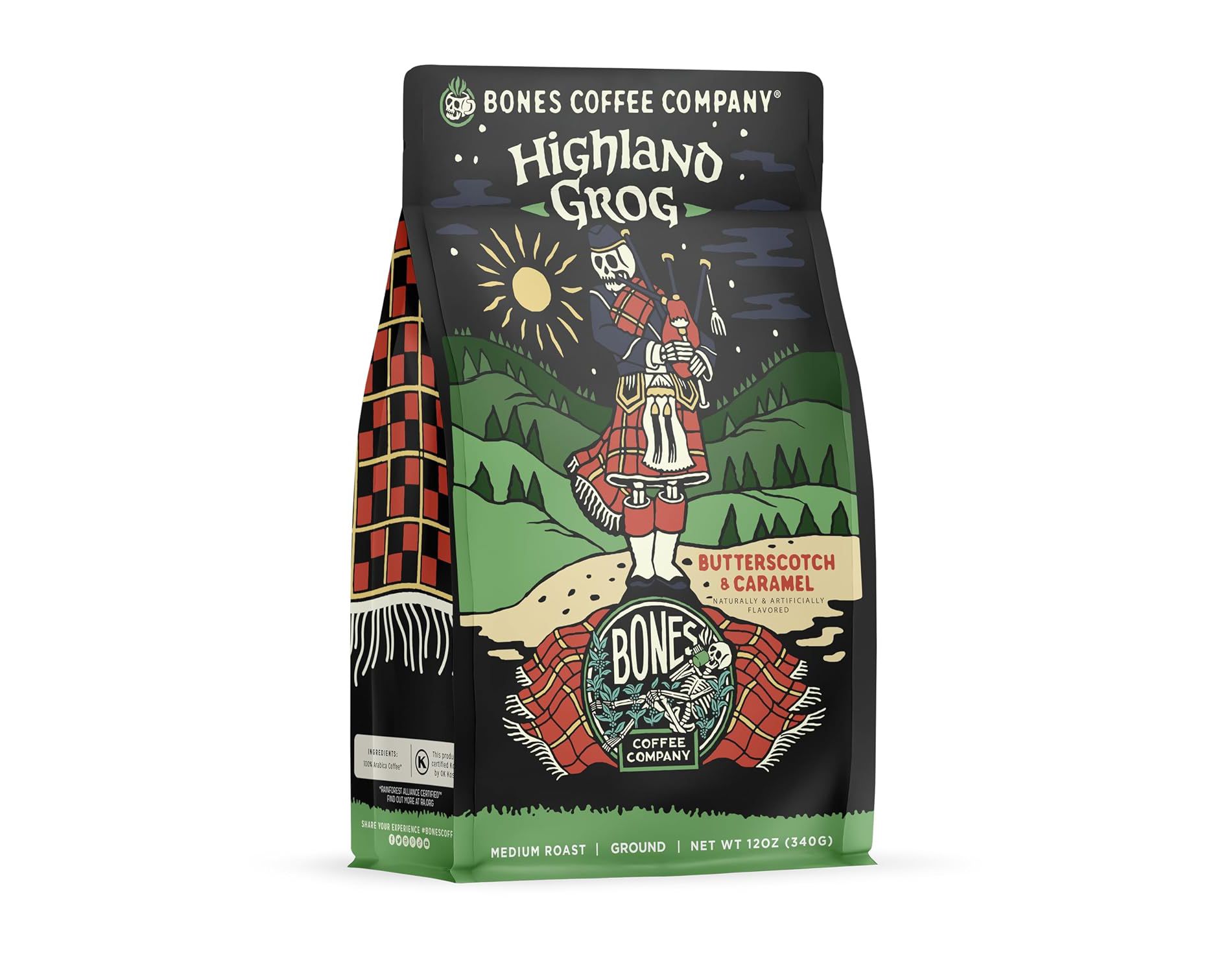 Highland Grog, Butterscotch Caramel Flavor Medium Roast, Ground Coffee, Whole Bean Coffee, Keurig K-Cup Coffee Pods, Bones Coffee, 12 oz & 12 ct