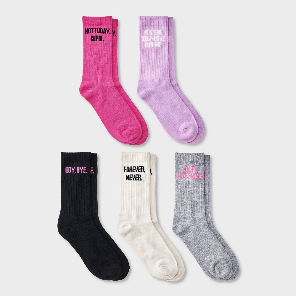 Women's Valentine's Day Ribbed 5pk Crew Socks - Pink 4-10