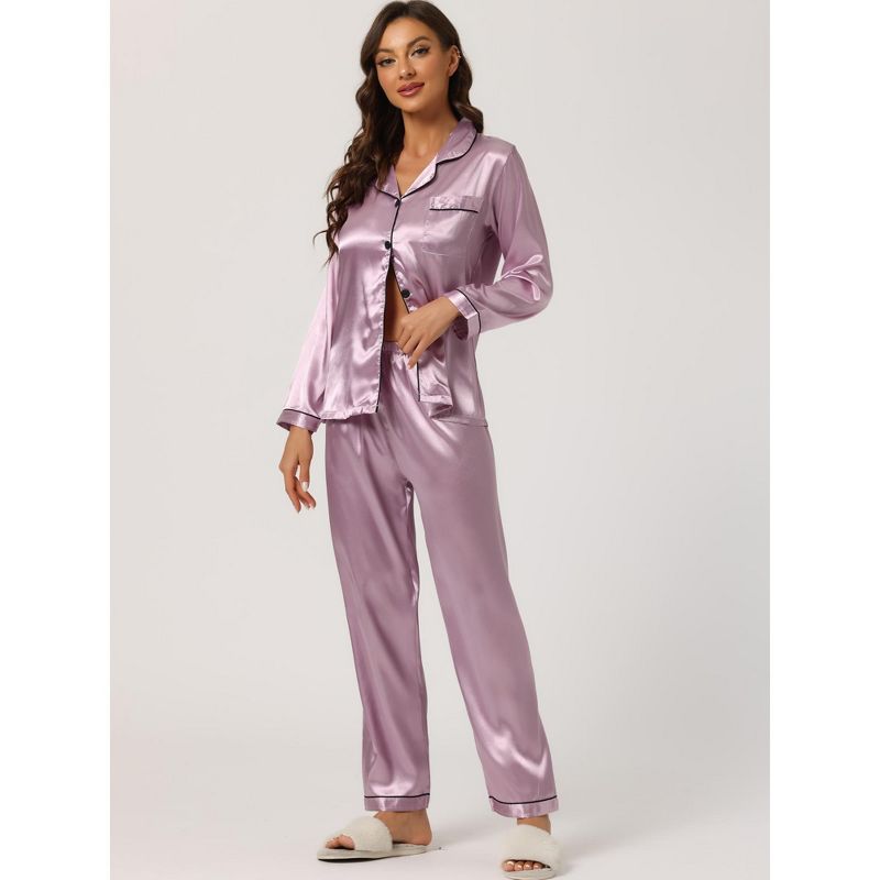 Allegra K Women's Satin Button Down Sleepshirt with Pants Halloween Pajama Set, 2 of 6