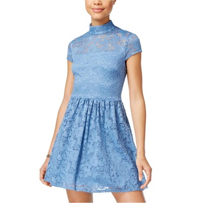 Bee Darlin Womens Mock-Neck Lace Fit & Flare Dress, Blue, 9/10