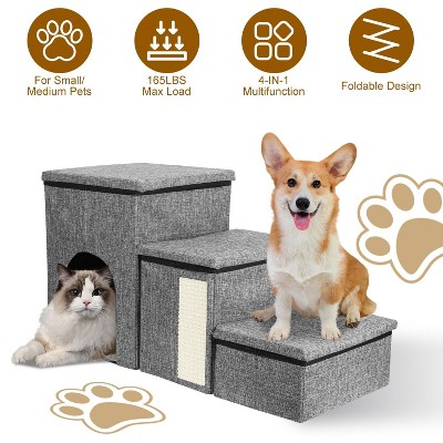 phiestina 4-in-1 Dog Stairs for Bed and Couch, Foldable Pet Stairs with Storage, Cat Scratcher, Holds Up to 180LBS, Grey