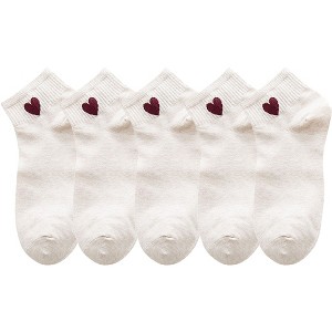 Anna-Kaci Women's 5-Pair Ankle Socks with Ribbed Cuff and Embroidered Heart Accent for Comfort and Style - 1 of 4