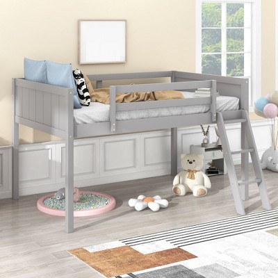 Low Loft Bed Twin, Twin Size Bed Frame With Convertible Ladder, Sturdy Wood Frame, No Box Spring Required