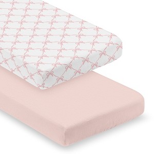Sweet Jojo Designs Baby Girl Fitted 100% Cotton Muslin Crib Sheets Set Ballerina and Ballet Bows Pink and White 2pc - 1 of 4