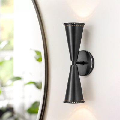 Rennnsan Solmira 13"W Hardwired 2-Light Conical Mid-Century Modern Dimmable Wall Sconce in Black