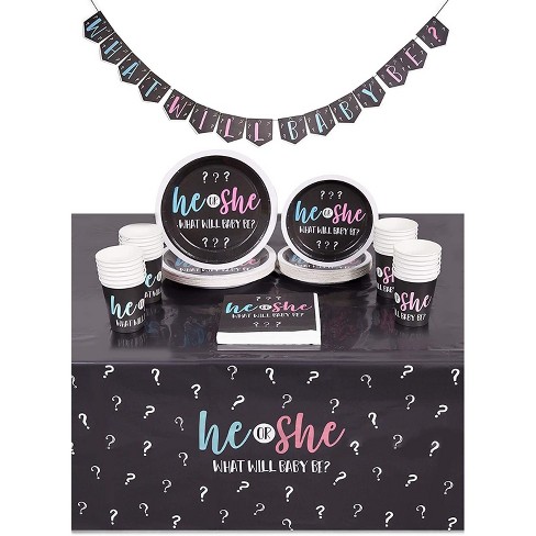 Sparkle And Bash Serves 24 He Or She Baby Shower Party Supplies Gender Reveal Banner Tablecloth Plates Napkins Target