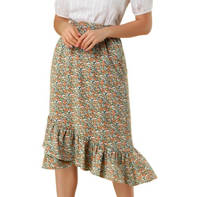 Allegra K Women's Summer Floral Elastic Waist High Low Ruffle Hem Midi Skirts