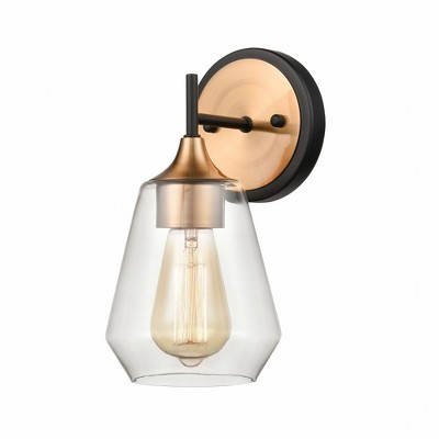 Satin Brass and Matte Black Clear Glass Vanity Light