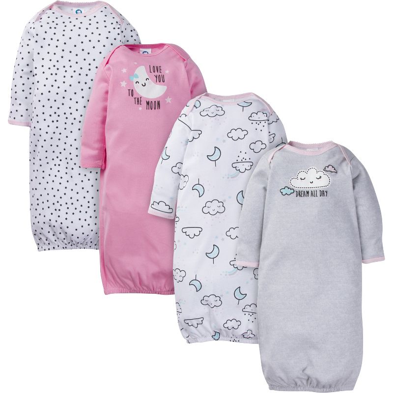 Gerber Baby Girls' Long Sleeve Gowns with Mitten Cuffs - 4-Pack, 1 of 6