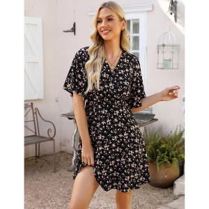 Women's Wrap V-Neck Dot Dress Flutter Sleeve Mini Dress Breathable Summer Dress - 1 of 4