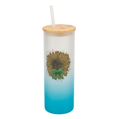 Elanze Designs 25 Ounce Frosted Glass Gradient Travel Tumbler With Straw and Wooden Lid, Sunflower Sky Blue