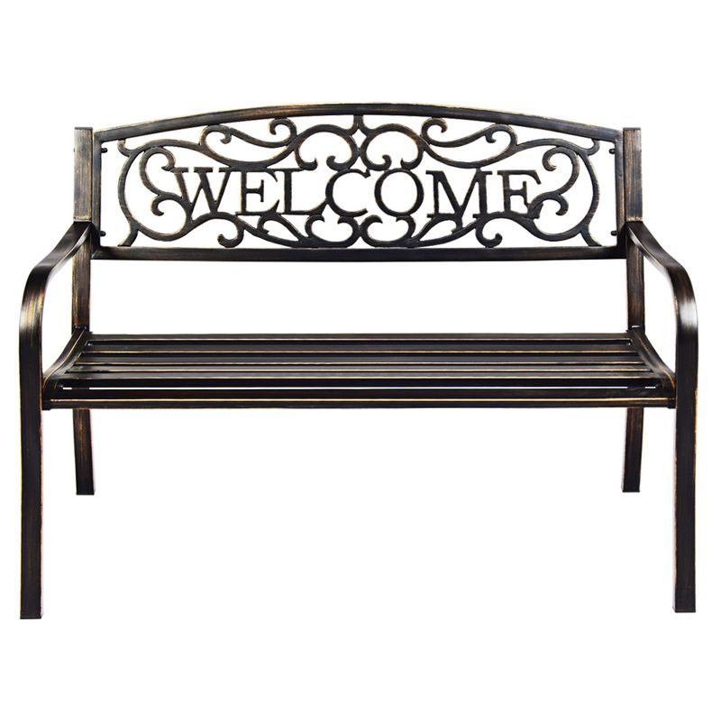 Tangkula Antique Metal Garden Bench Patio Park Outdoor w/ Armrest Welcome Pattern, 3 of 7