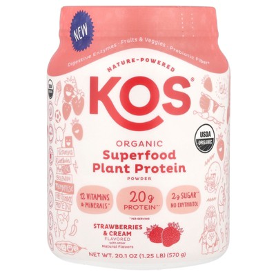 KOS Organic Superfood Plant Protein Powder, Strawberries & Cream, 1.25 lb (570 g)