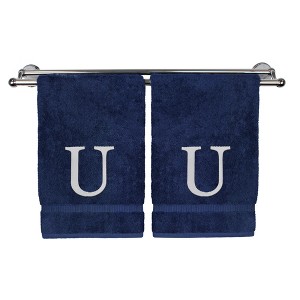 BC BARE COTTON Monogrammed Hand Towel, 100% Turkish Cotton - Set of 2 - Navy - White Block - 1 of 4