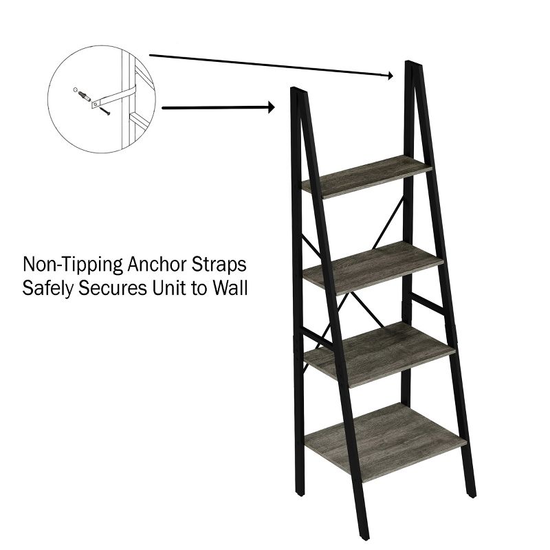 Lavish Home 4-Tier Ladder Bookshelf – Freestanding Industrial Style Wooden Shelving, Gray/Black, 4 of 9