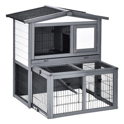 PawHut Wooden 2 Story Rabbit Hutch Bunny Hutch with Slide-Out Run, Openable Roof, Lockable Doors, Ramp and No Leak Tray for Outdoor, gray, and White